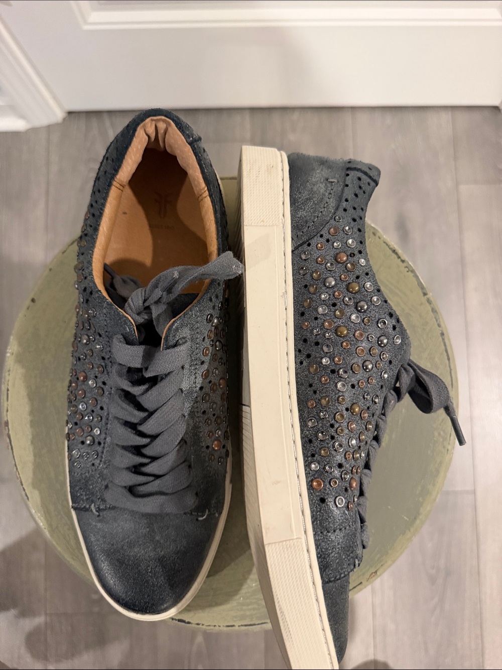 Frye Charcoal Gray Studded Leather Sneakers